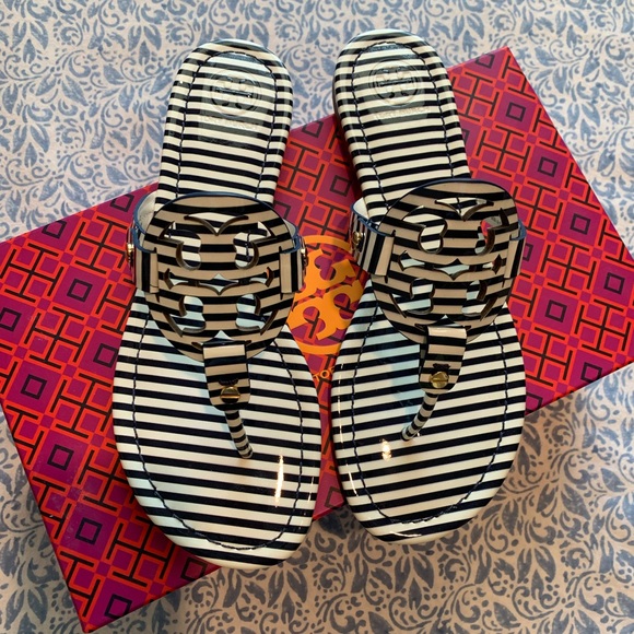 Tory Burch Shoes - Tory Burch Striped Navy and White Sandals